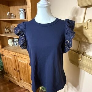 NWOT Navy Blue Eyelet Flutter Sleeve Women's Top